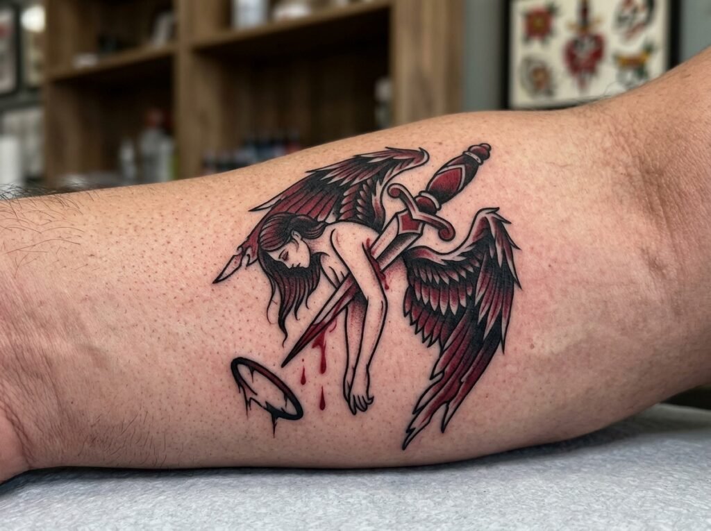 Neo-traditional fallen angel with dagger