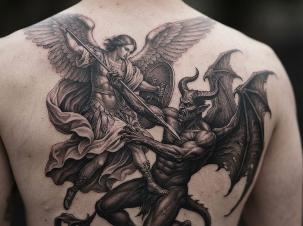Close-up macro photo of black and gray realism back tattoo.