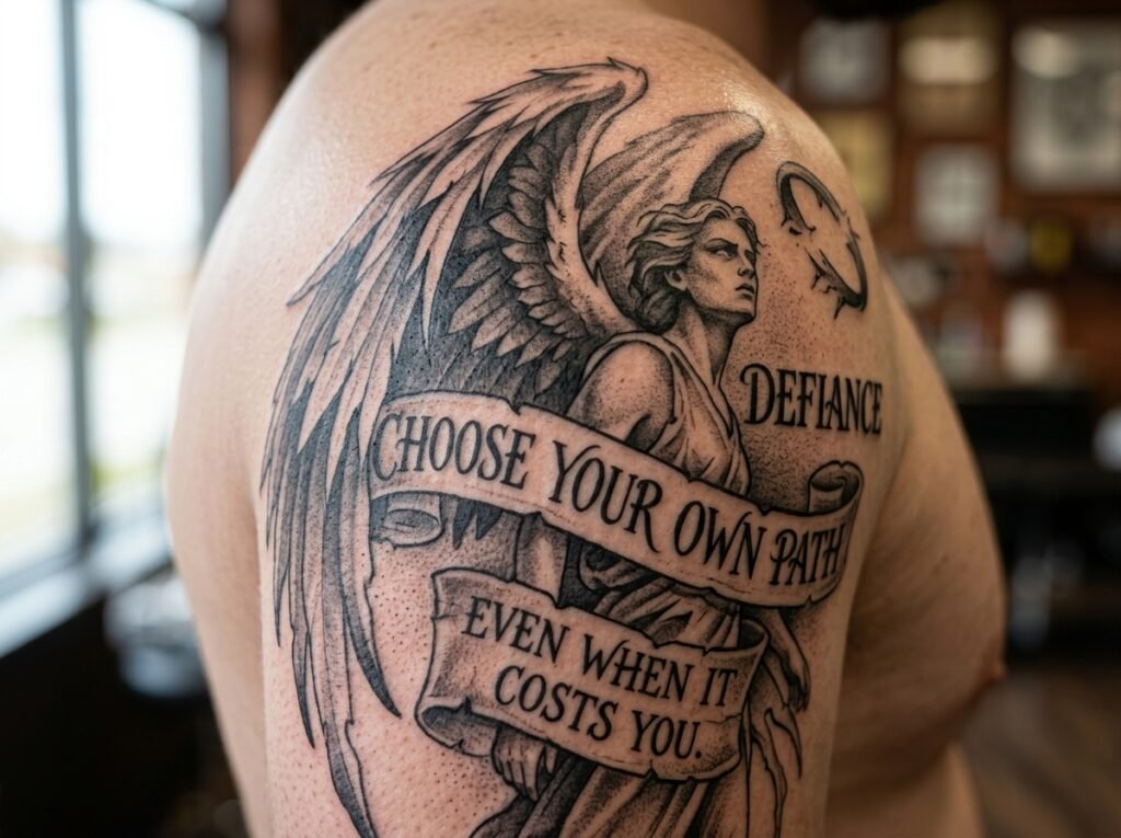 fallen angel tattoo with choose your on path text