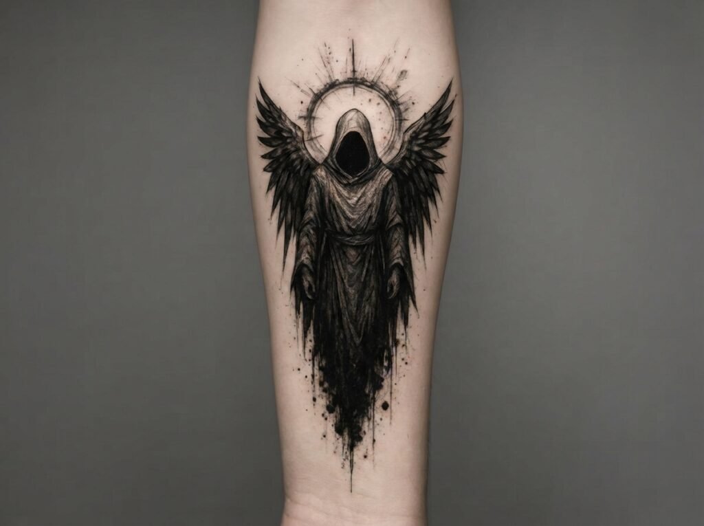 black and grey angel of death tattoo on forearm with detailed wings