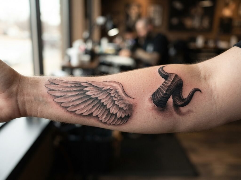 close-up of a forearm tattoo showing an angel wing on one side and a devil horn on the other, black and gray realism style