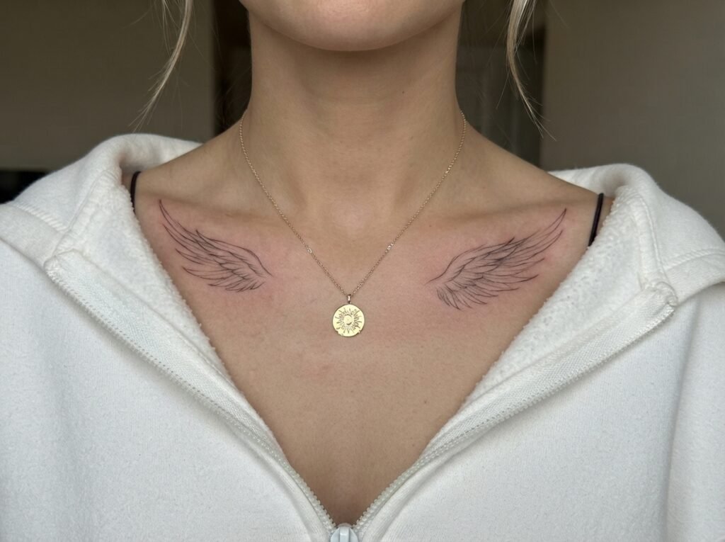 fine line angel wing tattoo on woman's collarbone