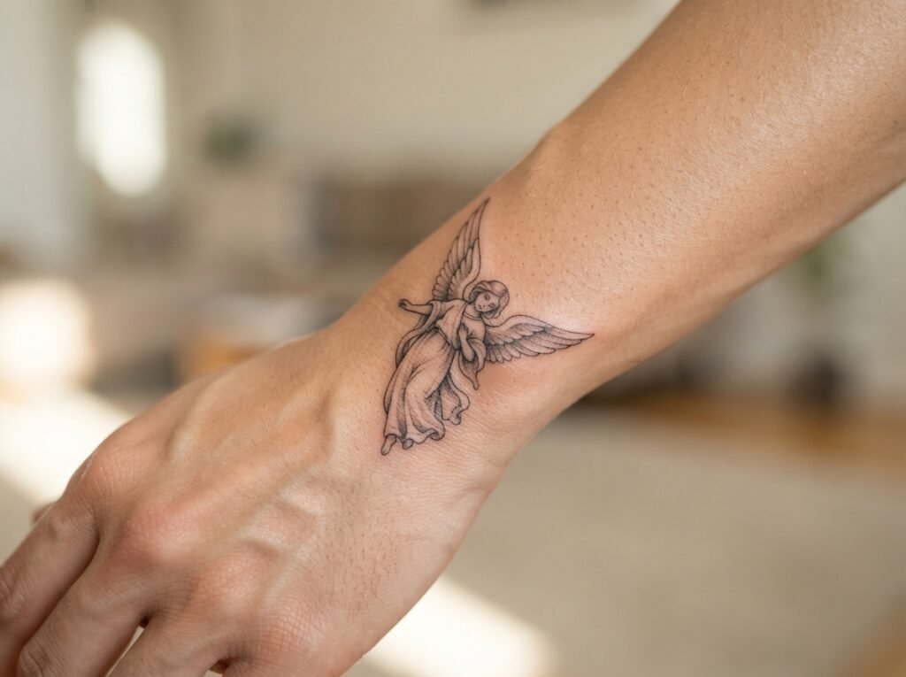 healed fine line angel wrist tattoo after two months