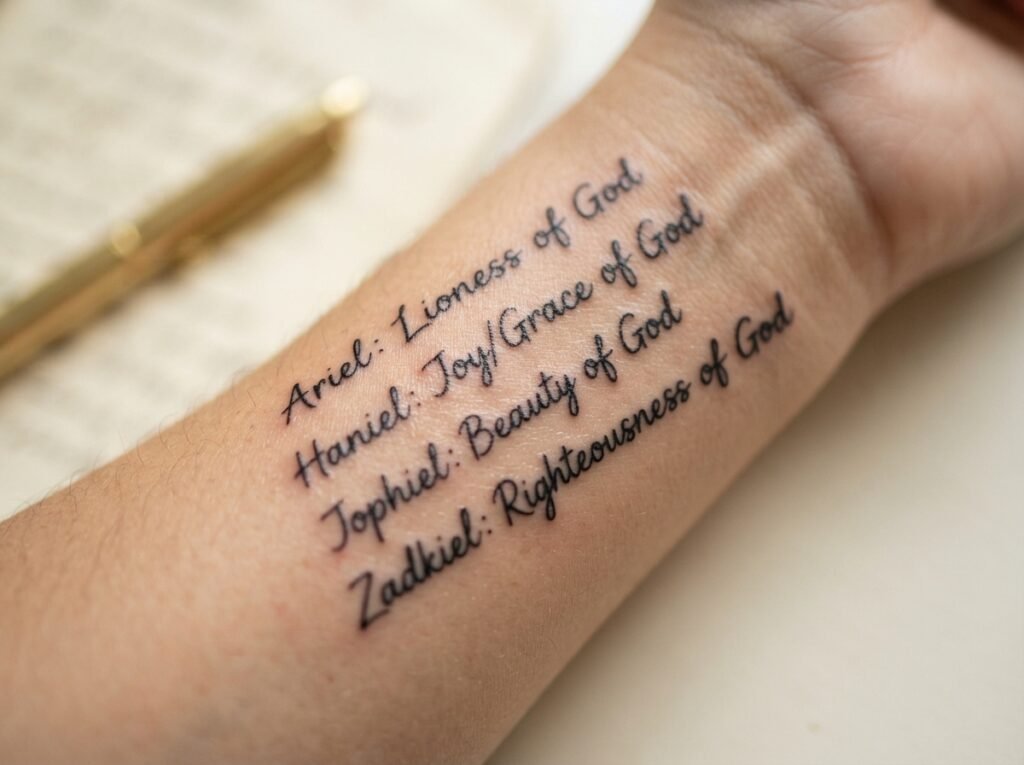 Flat-lay of handwritten archangel female names and meanings on cream paper with a gold pen
