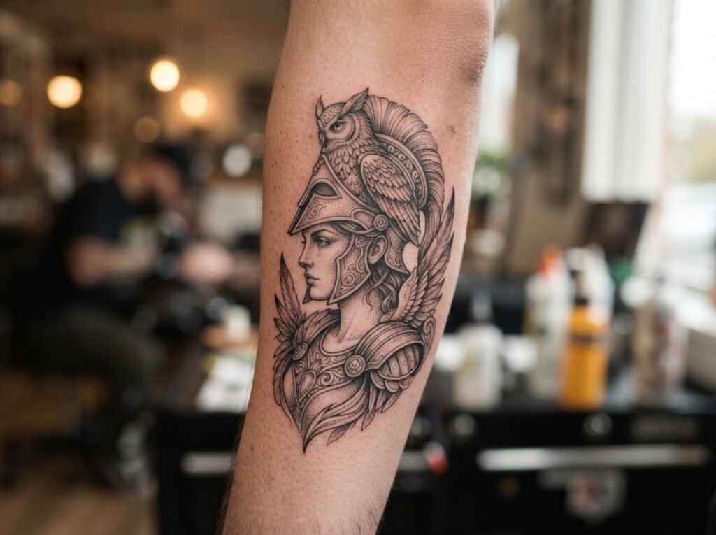 Detailed fine line Athena helmet and owl tattoo on forearm.