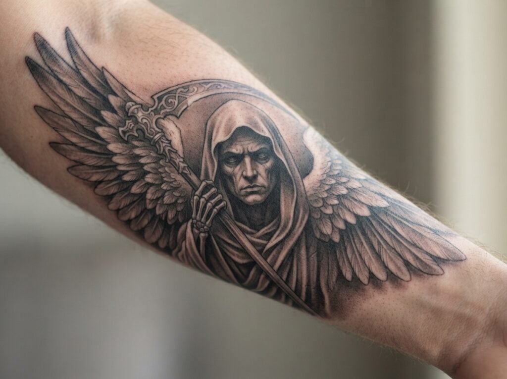healed angel of death forearm tattoo after two months